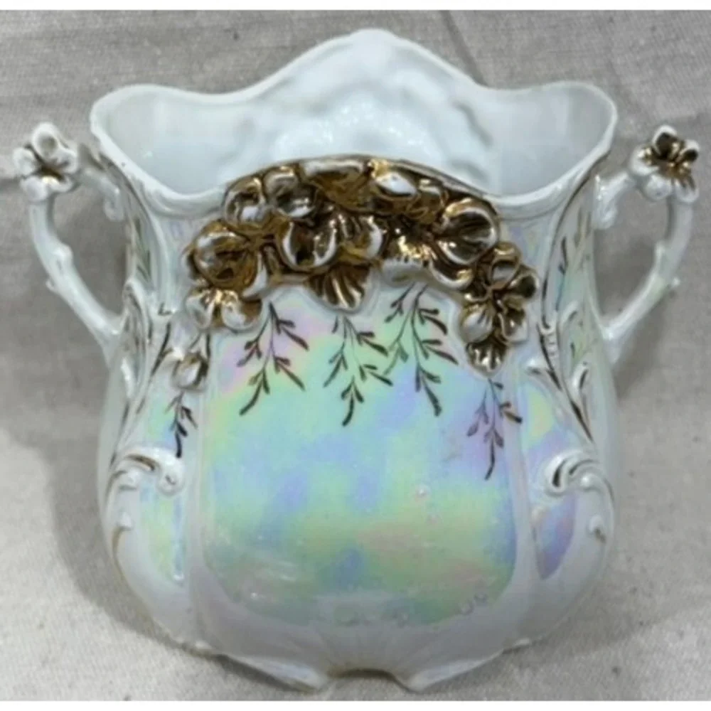 Antique 1910s Iridescent Luster Porcelain Vase Gold Gilt Floral Double Handle